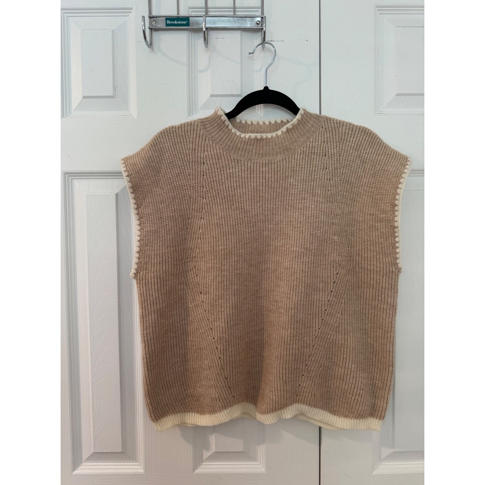 Entro Womens Tan Ribbed Knit Scalloped Trim Mock Neck Sweater Vest size Large